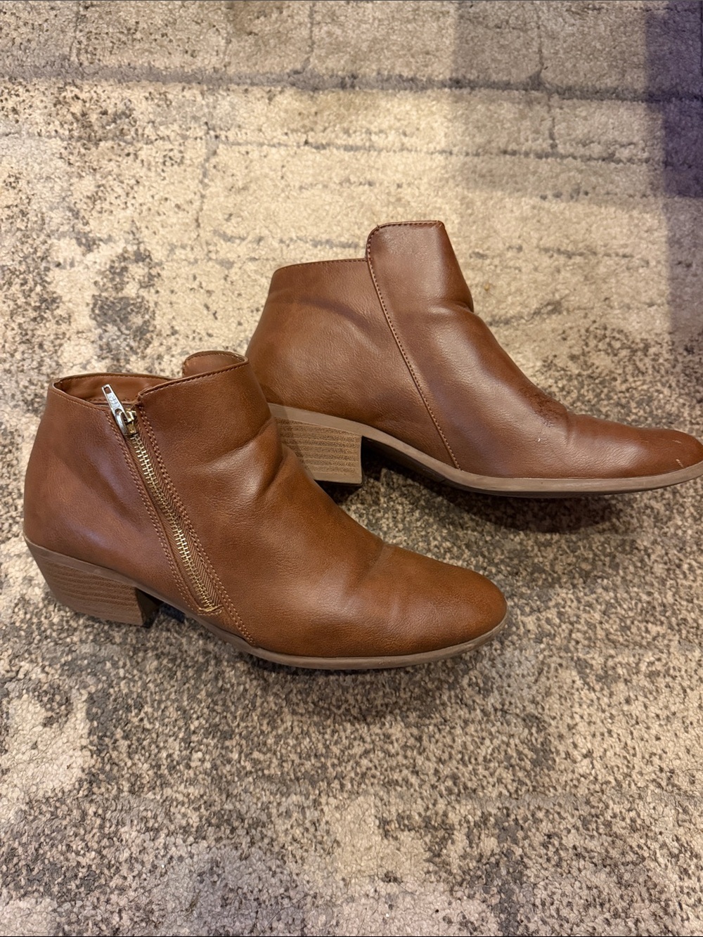 Women’s Brown Leather Look Ankle Booties with Low Block Heel